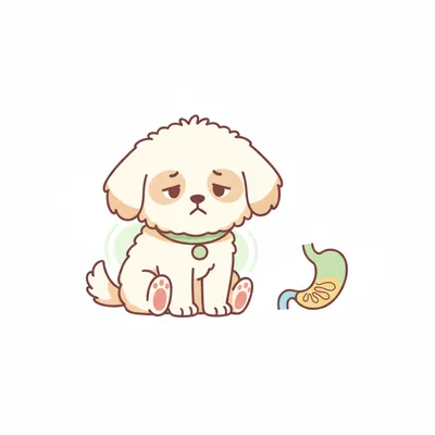 위장 그림 옆에서 기운 없이 앉아 있는 강아지 일러스트