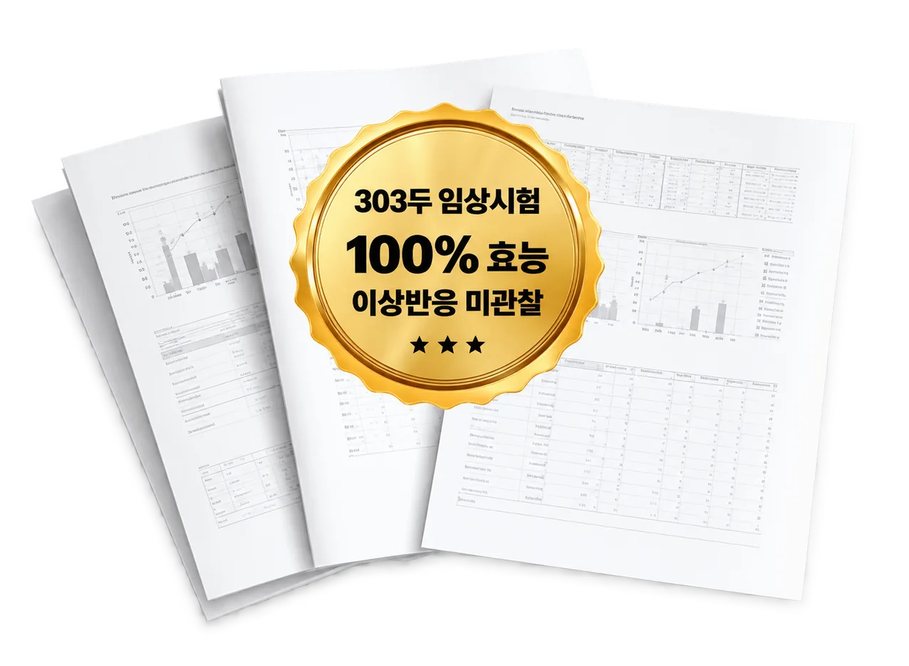 임상시험 보고서 위에 놓인 '303두 임상시험 · 100% 효능 · 이상반응 미관찰' 금색 인증 배지